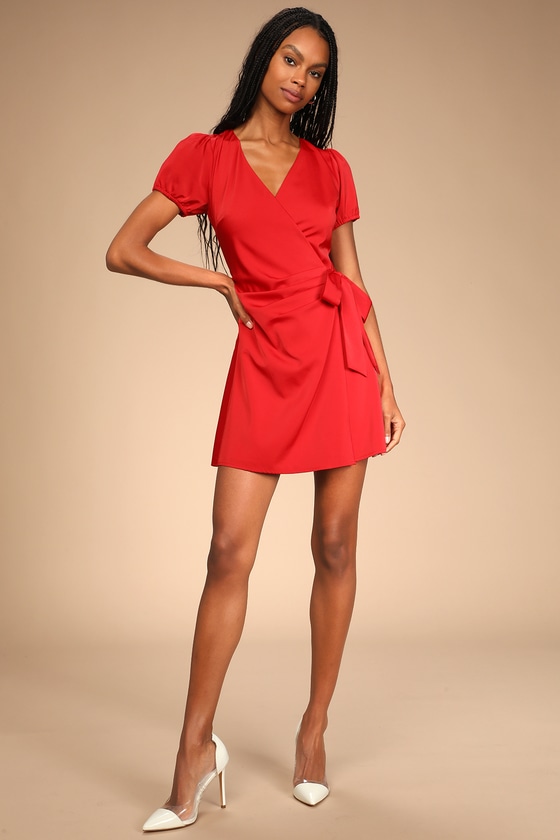 Red Mini Dress - Satin Wrap Dress ...